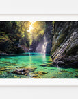 Turquoise water and sunlit forest in Burke River Gorge, displayed in a white frame with a white mat.